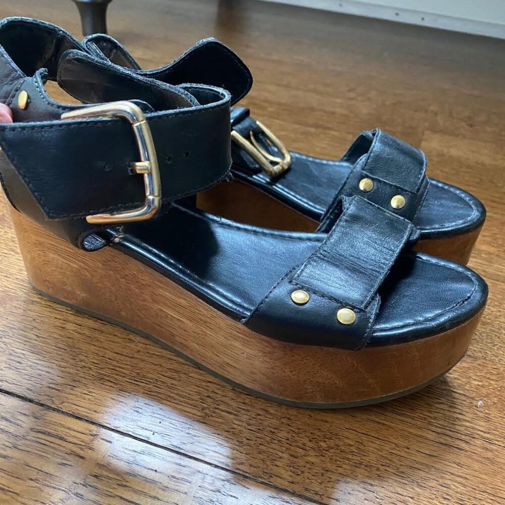 black and wood leather sandals size 7.5